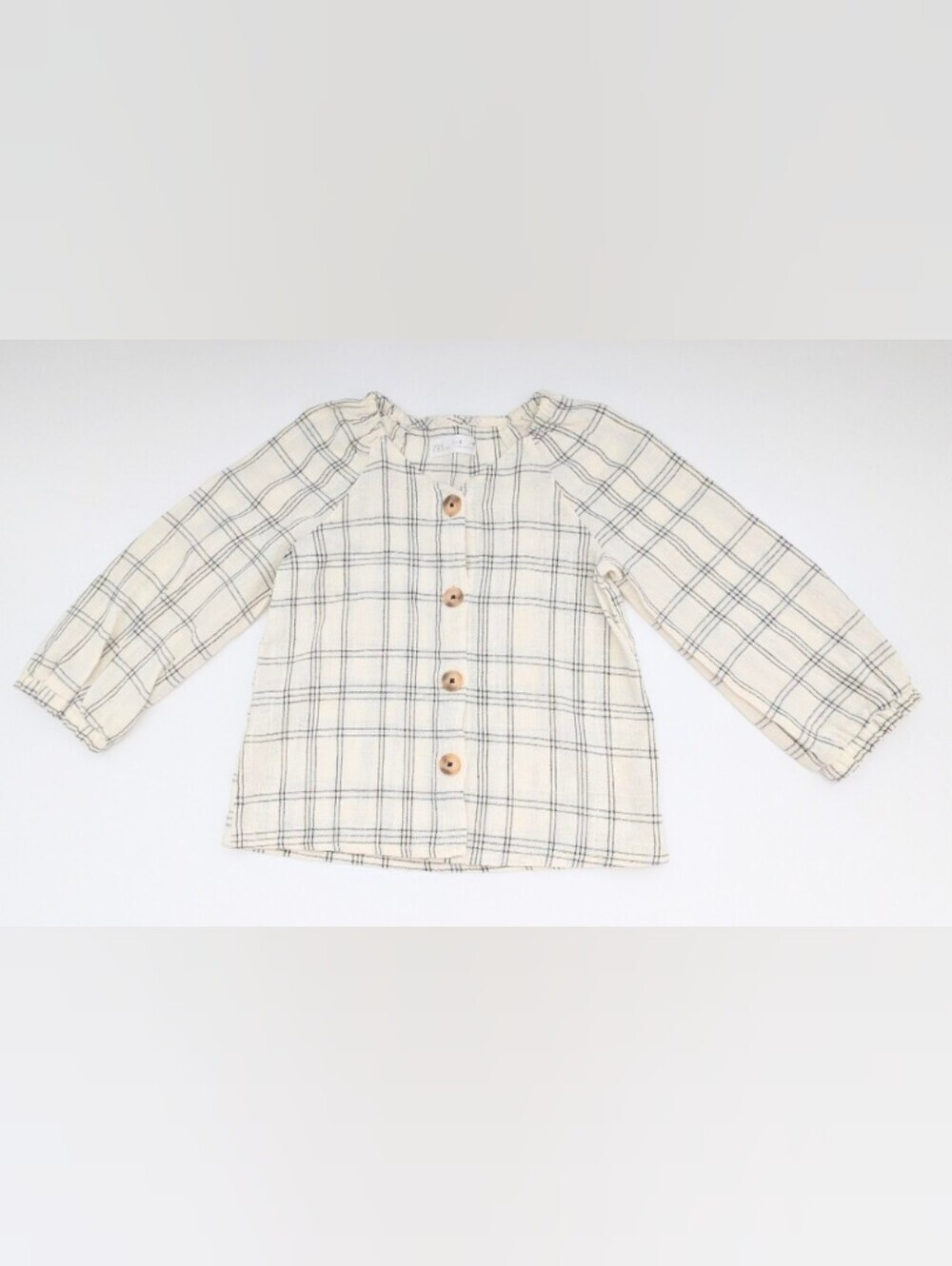 Zara Girls' (Size 6) Beige Button-Down V-Neck Blouse w/Black Grid Design